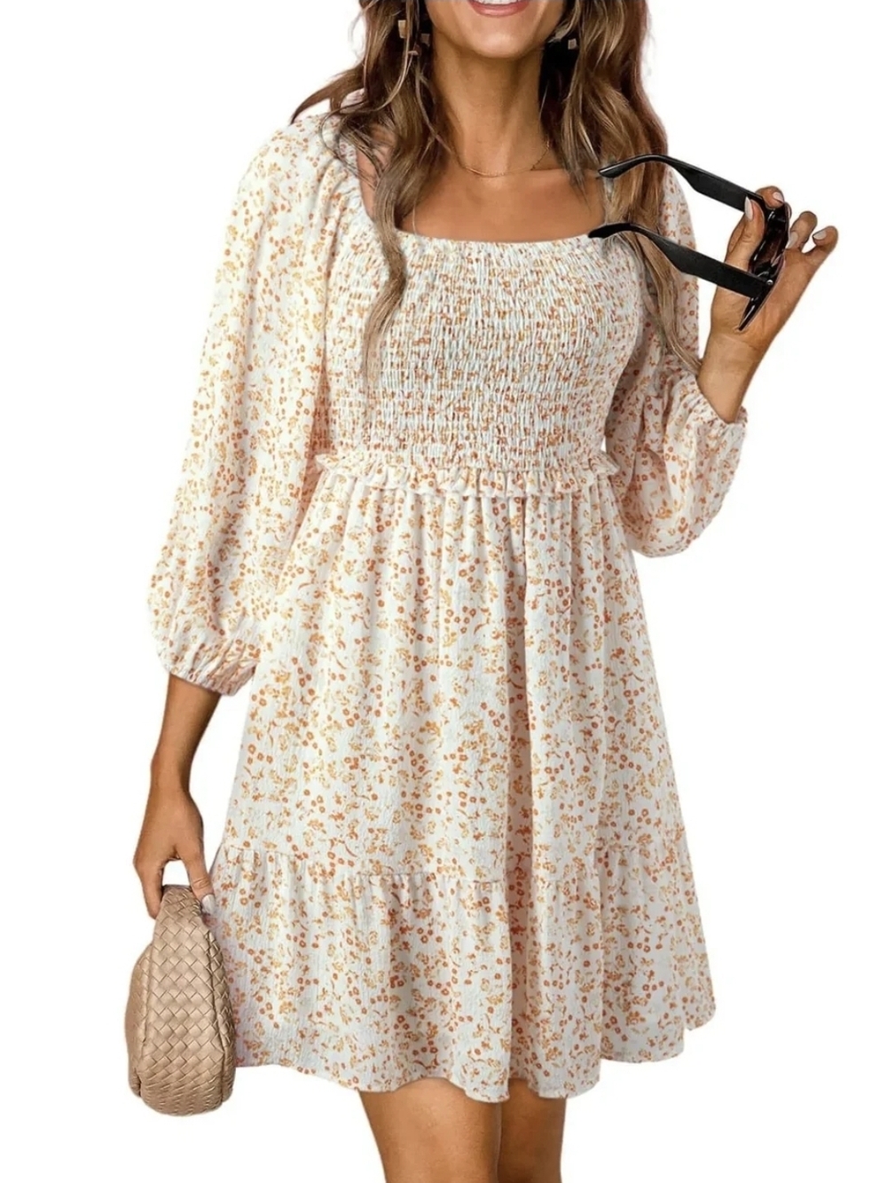 Smocked Square Neck Floral Mini Dress - Cream with Pink Accents